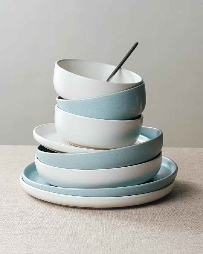 Famiware Milkyway Plates and Bowls Sets, 12 Pieces Dinnerware Sets, Reactive Glaze Dish Set, Stoneware Dishes Set for 4, Matte Beige White & Light Blue