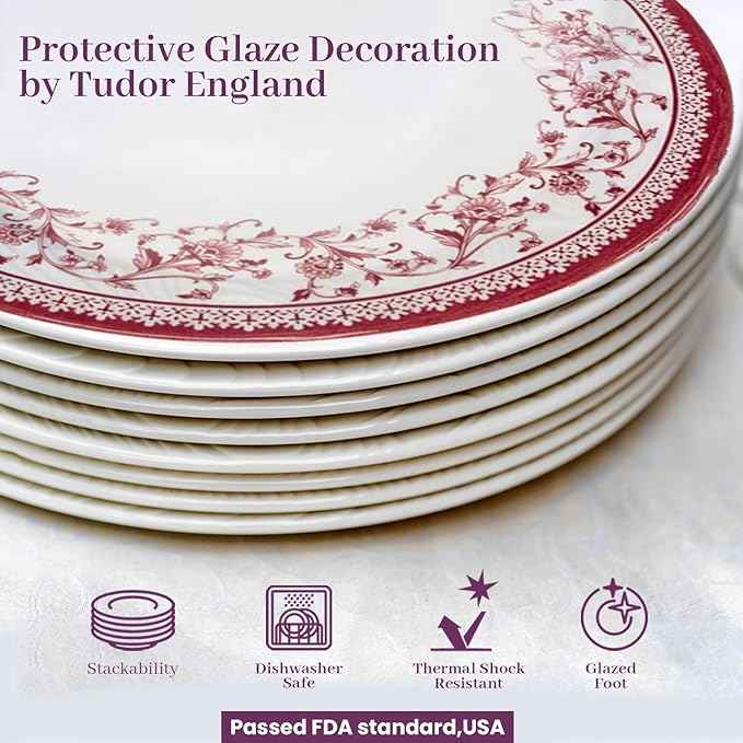 TUDOR Royal Collection 12-Piece Round Porcelain Dinnerware Set, Service for 4 with Dinner Plates, Bowls, and Salad Plates, Aster Pink Red Floral Design, High Gloss Finish, Durable & Premium Quality