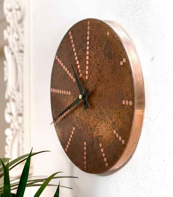 Handmade Pure Copper Wall Clock for Home Decoration, Decor Clock for Living Room, Bedroom and Kitchen, Rustic Decorative Mural Clock Art for Farmhouse (Time Dots, 11)