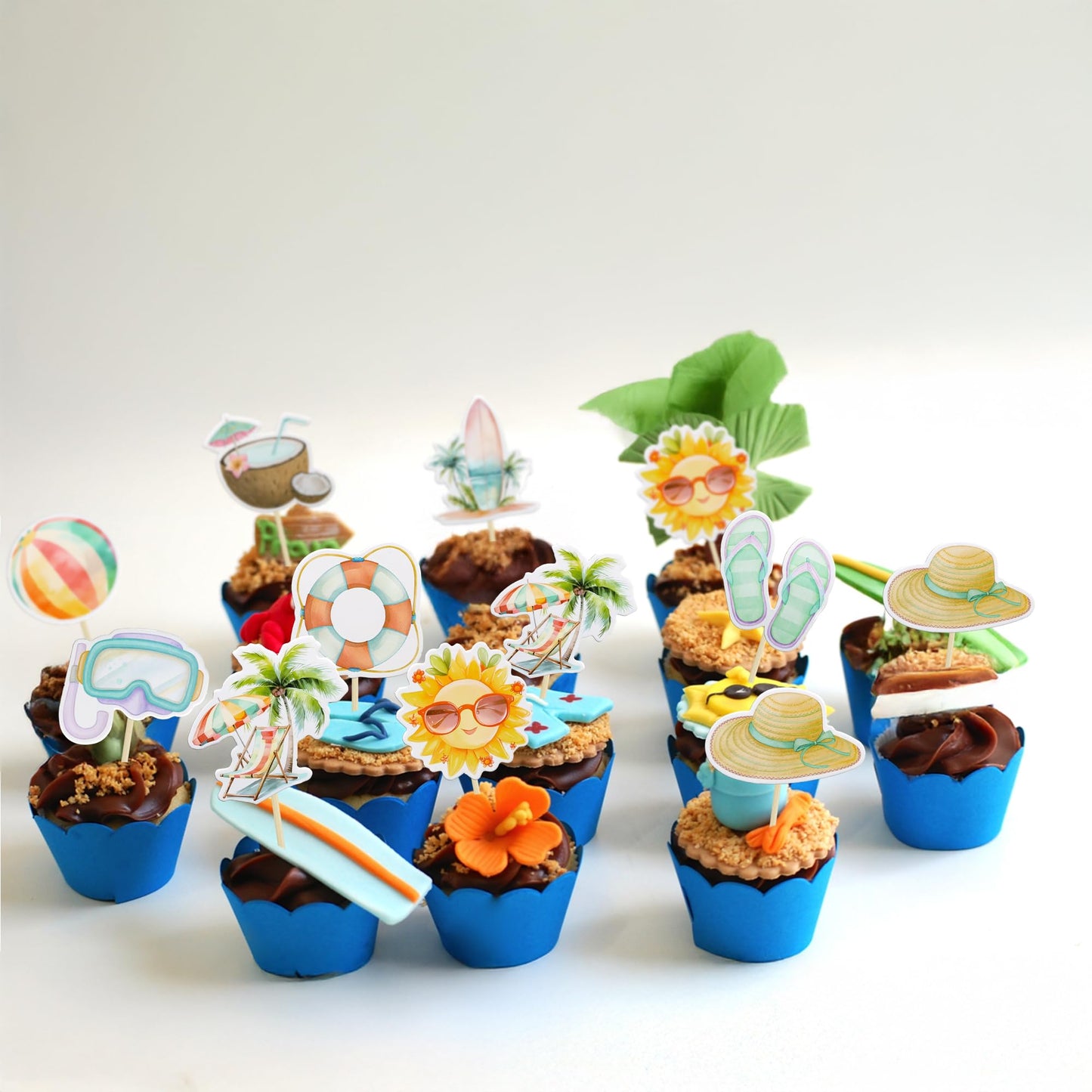 36Pcs Summer Beach Pool Cupcake Toppers Ball Sun Umbrella Diving Goggles Watermelon Water Gun Slippers Cupcake Picks Baby Shower Hawaii Theme Birthday Party Cake Decorations Supplies Multi (Multi 2)