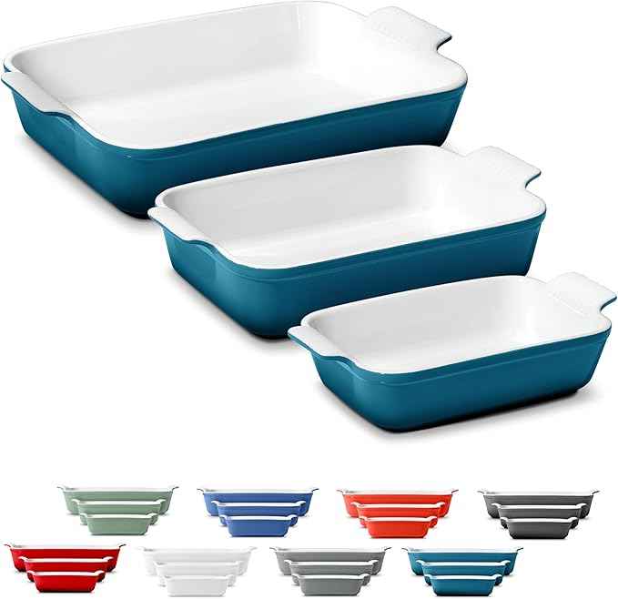 Stoneware Casserole Dish Bakeware Set of 3 | Rectangular Dinnerware Set with Handles [Ocean Blue]