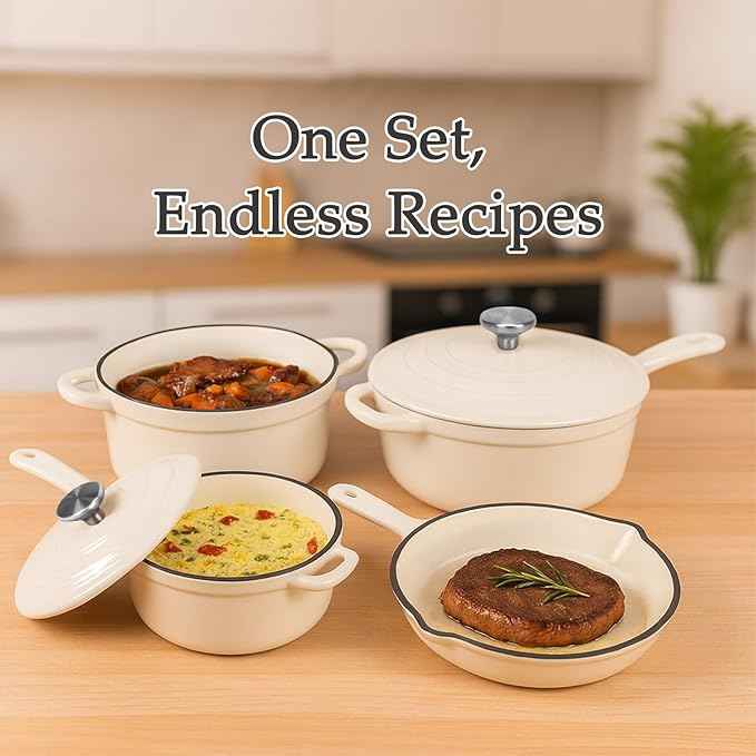 QuliMetal Nonstick Enameled Cast Iron Cookware Set, 4-Pcs Pots and Pans with Lids, Healthy Round Dutch Oven Pot for Sourdough Bread Baking, Oven Safe up to 500°F, Compatible with All Stovetops