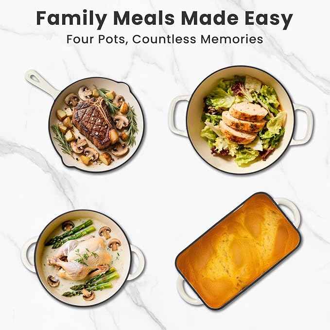 QuliMetal Enameled Cast Iron Cookware Set, 5-Piece – 2.3QT Dutch Oven, 4.7QT Braiser, 10" Skillet, 9x5" Oval Bread Pan & Rack – Versatile Oven-Safe Enamel Cast Iron Pots and Pans for Home Cooking