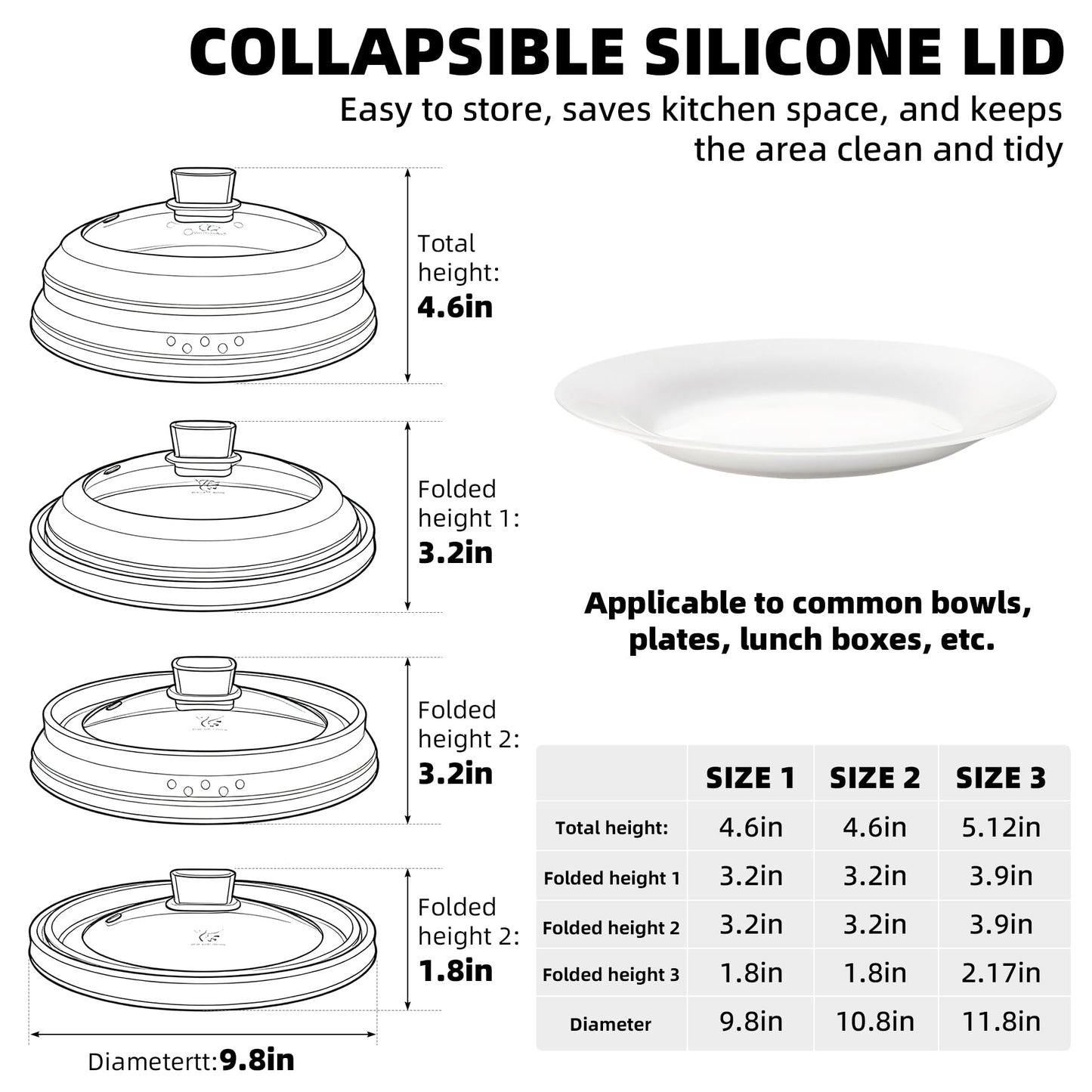2 Pack Microwave Splatter Cover Glass Guard Lid with Collapsible Silicone for Food Pot Plate 8.5 inch and 9.8 inch Dark Blue (DARK BLUE / Taller style 8.5 inch+common style 9.8")