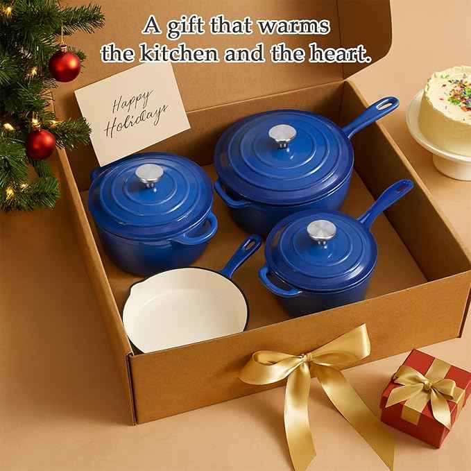QuliMetal Nonstick Enameled Cast Iron Cookware Set, 4-Pcs Pots and Pans with Lid, Healthy Round Dutch Oven Pot for Sourdough Bread Baking, Oven Safe up to 500° F or on All Stovetop