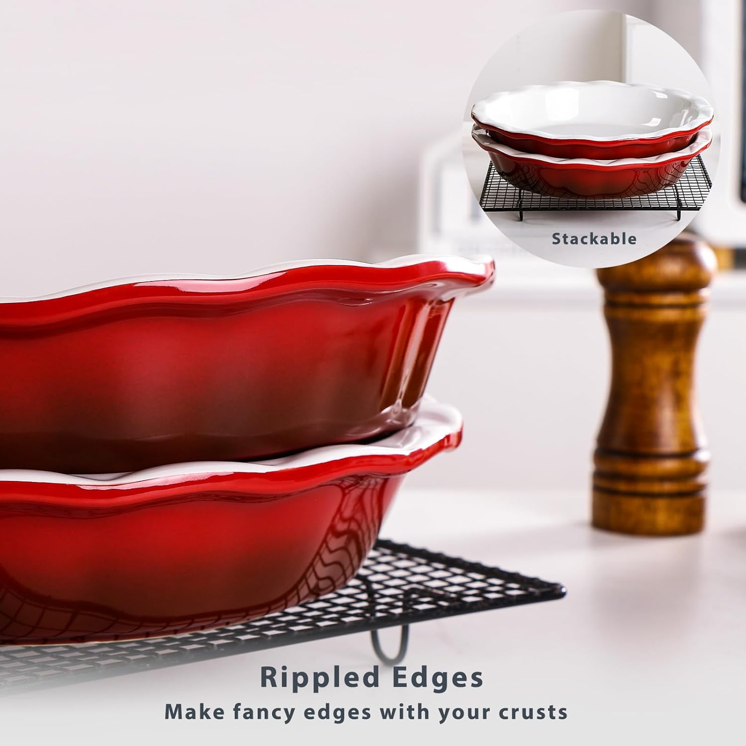 Lareina Pie Pans for Baking, Ceramic 9 Inch Deep Pie Dish with Rippled Edge for Apple Pie, Pecan Pie, Colorful and Durable Pie Plate, Christmas Gifts for Women, Set of 2, Red - HomeSpice