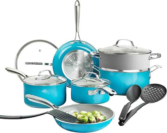 GOTHAM STEEL 15 Pc Ceramic Cookware Set, Ceramic Pots and Pans Set Non Stick with Cooking Utensils and Steamer, Non Toxic PFOA PFOS Free, Premium Stay Cool Handles, Oven & Dishwasher Safe, Blue