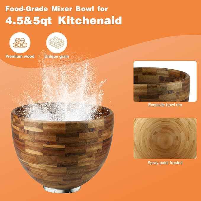 5 Qt Solid Wood Mixing Bowl Compatible with KitchenAid Tilt-Head Stand Mixer, Handcrafted Natural Wooden Bowl for 4.5-5 Qt K45SS KSM75 KSM150, Ideal for Bread Dough & Salads (Light Brown)