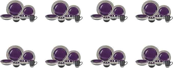 48 Piece Dinnerware Set, Ceramic Plates and Bowls Sets for 8, Microwave and Dishwasher Safe, Handcrafted Tree Bark Series Dish Set, Lavender/Purple