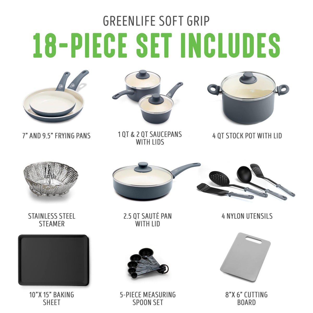 Soft Grip Healthy Ceramic Nonstick 18 Piece Kitchen Cookware Pots and Frying Sauce Saute Pans Set (18 Piece Cookware Set / Gray)