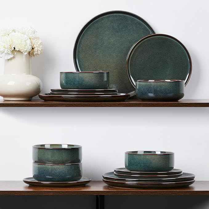 E-far Dinnerware Sets for 8, 24-Piece Stoneware Plates and Bowls Set, Ceramic Dishes Reactive Glaze Dinning Ware, Microwave & Dishwasher Safe - Obsidian Green