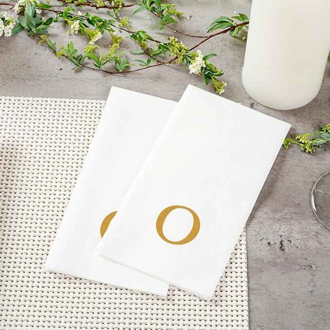 Luxenap 15.8 X 7.9 Inch Linen-Feel Guest Towels, 50 Lettered Hand Towels - Gold Letter 'O', Sans Serif Font, White Paper Dinner Napkins, airlaid, For Restrooms And Tables