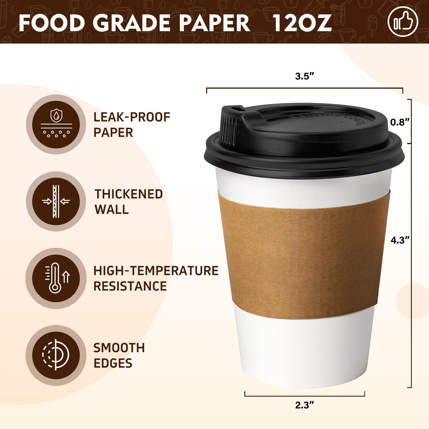 12 oz 500 Pack Disposable Coffee Cups with Lids & Sleeves (White-Kraft Sleeves / 12 oz)