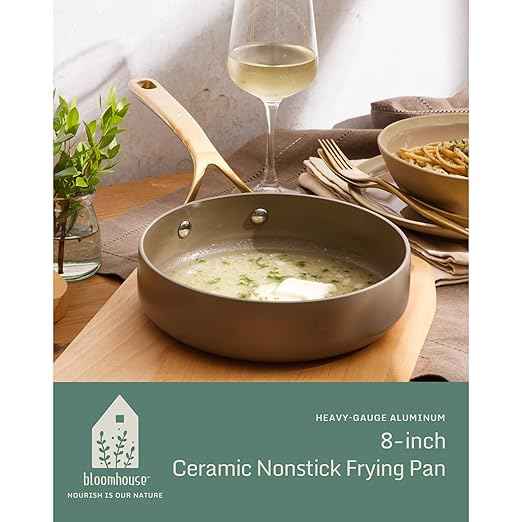 Bloomhouse - Two Time Oprah's Favorite Things Winner - 8 Inch Heavy Duty Aluminum Premium PFA Free Ceramic Nonstick Saute/Deep Frying Pan Skillet - Cappuccino Cream with Gold Handle