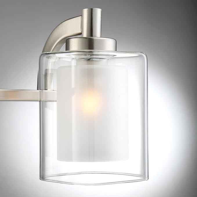 Quoizel Kolt Modern Vanity Lights, 4-Light, 29 Inch Brushed Nickel Bathroom Lighting Fixtures Over Mirror, Sandblasted Inner Glass, 50 W LED Bulb, Wall Mount Light for Bathrooms, Kitchen or Hallway
