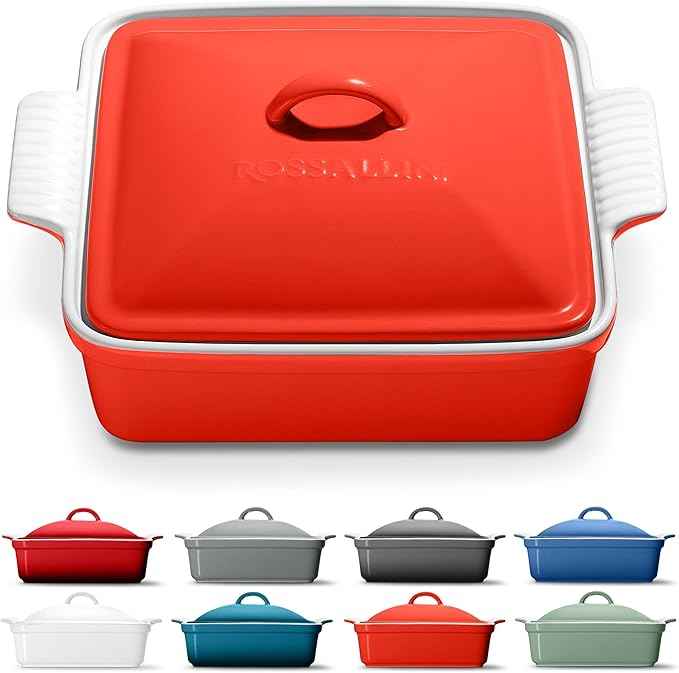 Stoneware Casserole Dish Bakeware with Lid | Covered Square Dinnerware | Large 2.5 Quart, [Passion Red]