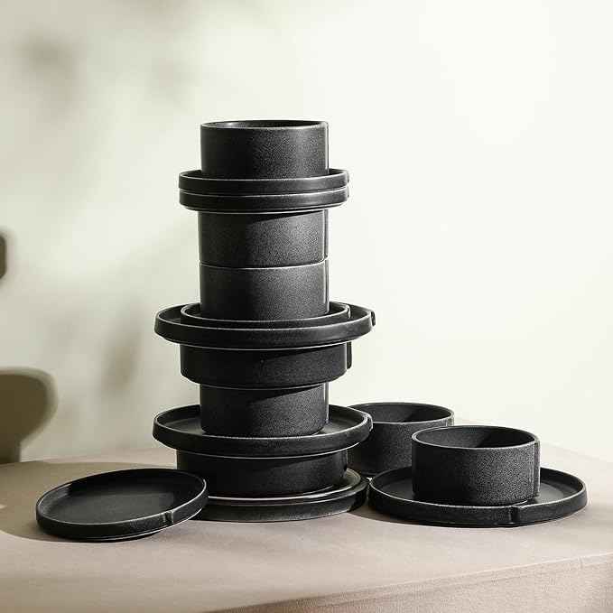 Stone Lain Bao Charcoal 24-Piece Stoneware Dinnerware Set – Service for 8, Round Dinner, Salad & Cereal Plates – Modern Textured Tableware for Everyday Dining & Entertaining