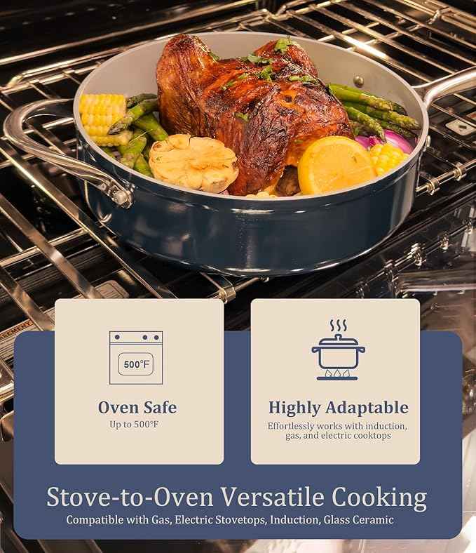 Ceramic Cookware Set 8 Pieces Nonstick Pots and Pans Set with Lid PFAS-Free Non Toxic Cookware, Induction Compatible, Oven Safe, Quick & Even Heat Distribution, Navy Blue