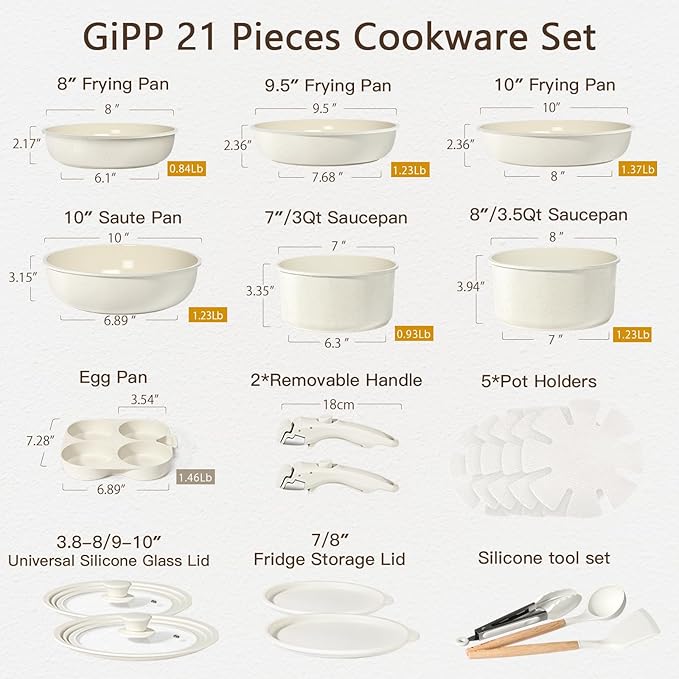 GiPP Ceramic Pots and Pans Set Non Stick, Nonstick Detachable Handle Cookware Sets, Healthy Non Toxic PFAS PFOA & PTFE Free, Dishwasher ＆Oven Safe, Induction Kitchen Pot and Pan, 21 Piece Cream