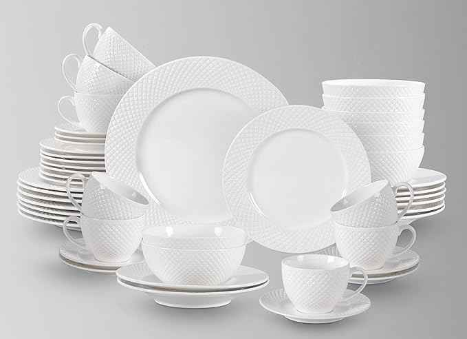 HomeVss, New Bone China Dinnerware Set, Embossed Diamond Design, 48pc Set