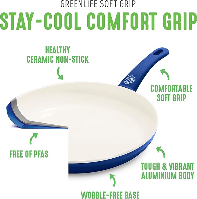 GreenLife Soft Grip 23 Piece Kitchen Cookware Pots and Frying Saucepans Set, Healthy Ceramic Nonstick PFAS and PFOA-Free, Dishwasher and Oven Safe, Even Heating, Easy Clean, Warp Control, Blue