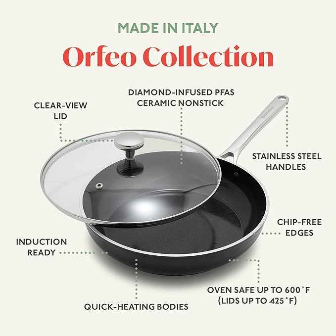 Orfeo 10 Piece Nonstick Cookware Set, Made in Italy, Diamond Ceramic PFAS-Free Pots & Pans, Induction Ready, Scratch Resistant, Laser-Fused Surface for Durability, Dishwasher Safe, Black
