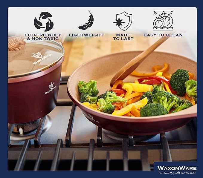 Waxonware 7pc Kitchen Pots and Pans Set Non stick German Coated, Kitchen Cookware Set Premium - Dishwasher Safe and 100% PFOA and PTFE Free - Induction Cooking Non Stick Pots and Pan Set - Marbellous
