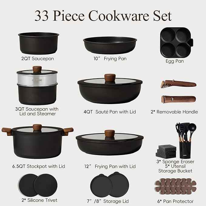 CAROTE 33pcs Pots and Pans Non Stick, Cookware Sets Detachable Handle, Induction Kitchen Pots and Pans,NonStick Cooking Set, Oven/Dishwasher/Fridge Safe, Space Saving