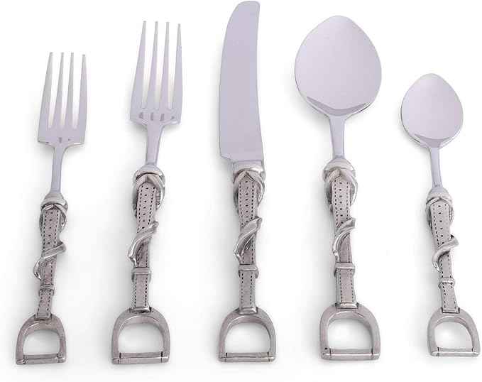 Vagabond House Pewter Metal Stirrup Equestrian Pattern 5 Piece Place Setting Flatware Everyday Lunch to Formal Dinner - Riding Décor 9.5 inch Long