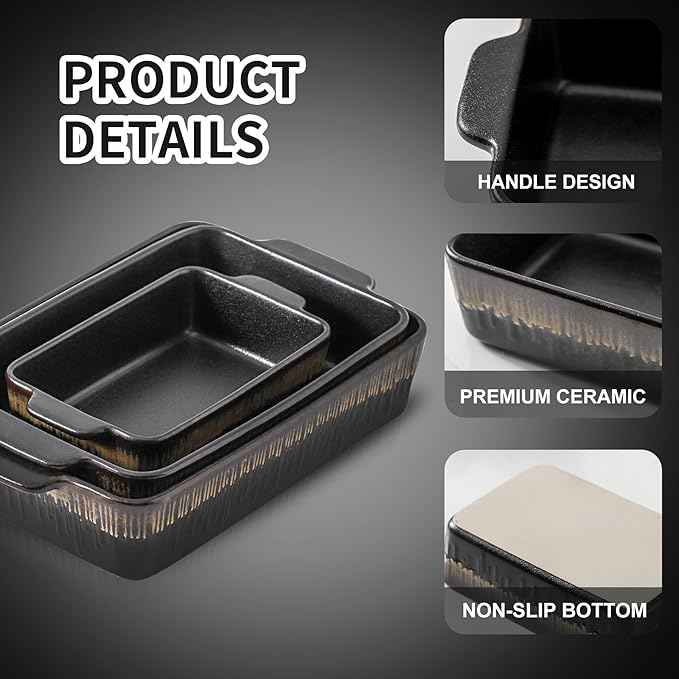 KOOV Bakeware Set, Ceramic Baking Dish, Rectangular Baking Pans Set, Casserole Dish for Cooking, Cake Dinner, Kitchen 9 x 13 Inches, 3-Piece, Stripe Series (Rough Black)