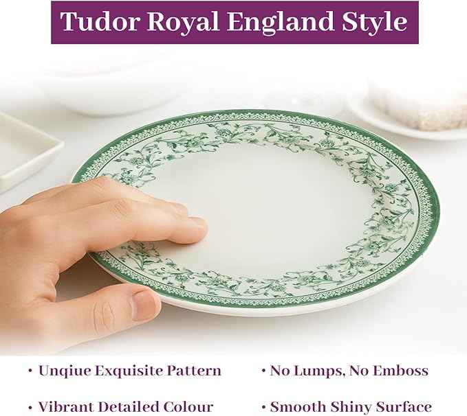 Tudor Royal 12-Piece Round Porcelain Dinnerware Set, Service for 4 - Aster Green Design, Multicolor Floral, Plates Bowls Mugs Dishes, Premium Quality Tableware, Unique Pattern, Glossy