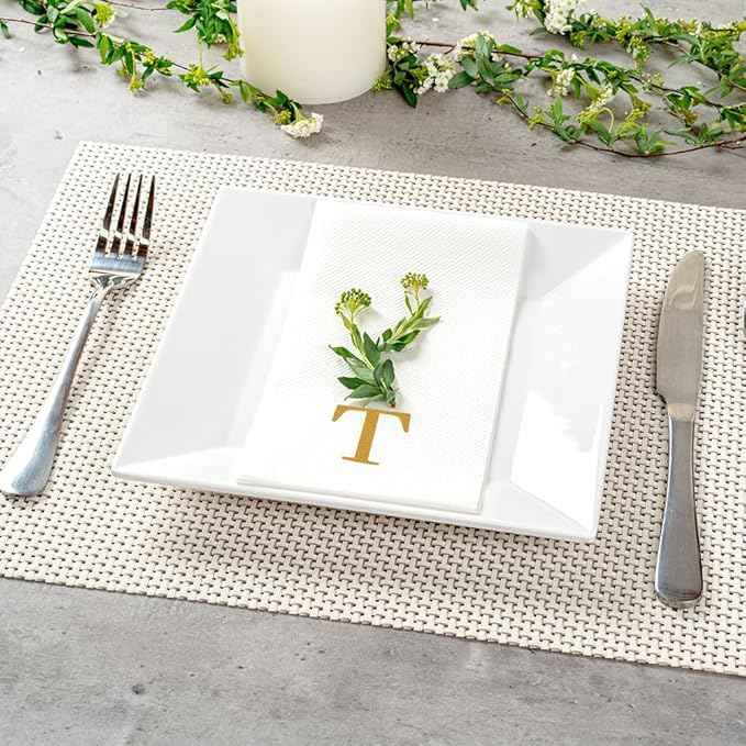 Luxenap 15.8 X 7.9 Inch Linen-Feel Guest Towels, 50 Lettered Hand Towels - Gold Letter 'T', Sans Serif Font, White Paper Dinner Napkins, airlaid, For Restrooms And Tables