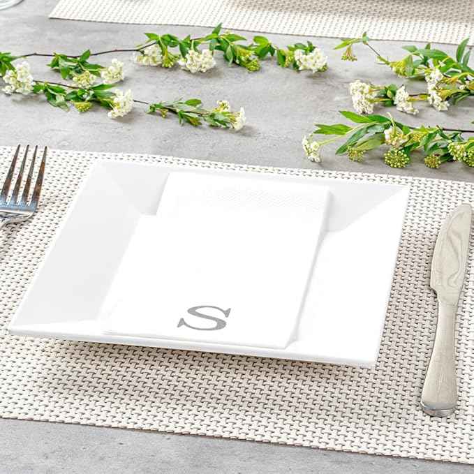 Luxenap 15.8 X 7.9 Inch Linen-Feel Guest Towels, 50 Lettered Hand Towels - Silver Letter 'S', Sans Serif Font, White Paper Dinner Napkins, airlaid, For Restrooms And Tables - Restaurantware