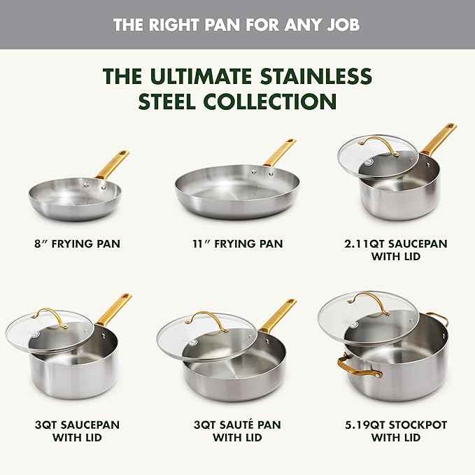 GreenPan Stainless Steel Tri-Ply Reserve 10 Piece Cookware Pots and Pans Set, Multiclad, Induction, Oven & Broiler Safe to 600°F, Heat Responsive Core, Dishwasher Safe, Glass Lids