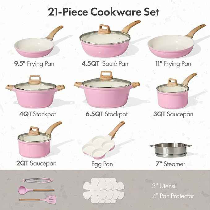 CAROTE 21 PCS Ceramic Cookware Set, Pots and Pans Set Non Stick, Pot and Pan Set with Frying pan, Induction Ready Cooking Set for Kitchen, PFOS/PFOA/PFAS Free, Pink