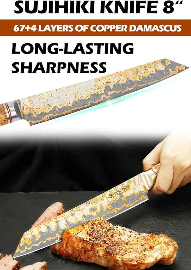 YOUSUNLONG Sujihiki Slicing Knife - 8 Inch Sashimi Sushi Knife - Handmade CuMai Copper Damascus Steel - Japanese Yanagiba Carving Knives Ultra Sharp - Naturel Burl Wooden Handle with Leather