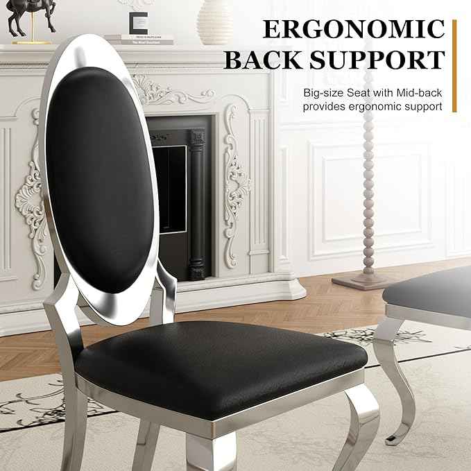 Modern Dining Chairs Set of 4, Luxury Faux Leather Upholstered Armless Dining Room Chair with Mirrored Stainless Steel Silver Legs, Mid Century Accent for Wedding Party Banquet Reception, Black