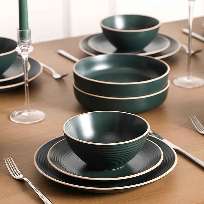 Stone Lain Lauren Modern Stoneware 32-piece Round Dinnerware Set, Plates and Bowls Set, Dish set for 8, Dark Green