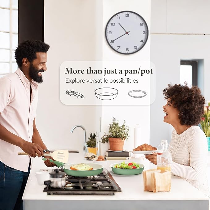 Bazova Ceramic Nonstick Cookware Set, Healthy,Non Toxic,17-Pieces Pots and Pans Set Removable Handles,Induction RV Kitchen Set,Stain & Scratch-resistant,Dishwasher/Oven Safe,PFAS/PFOA Free,Green