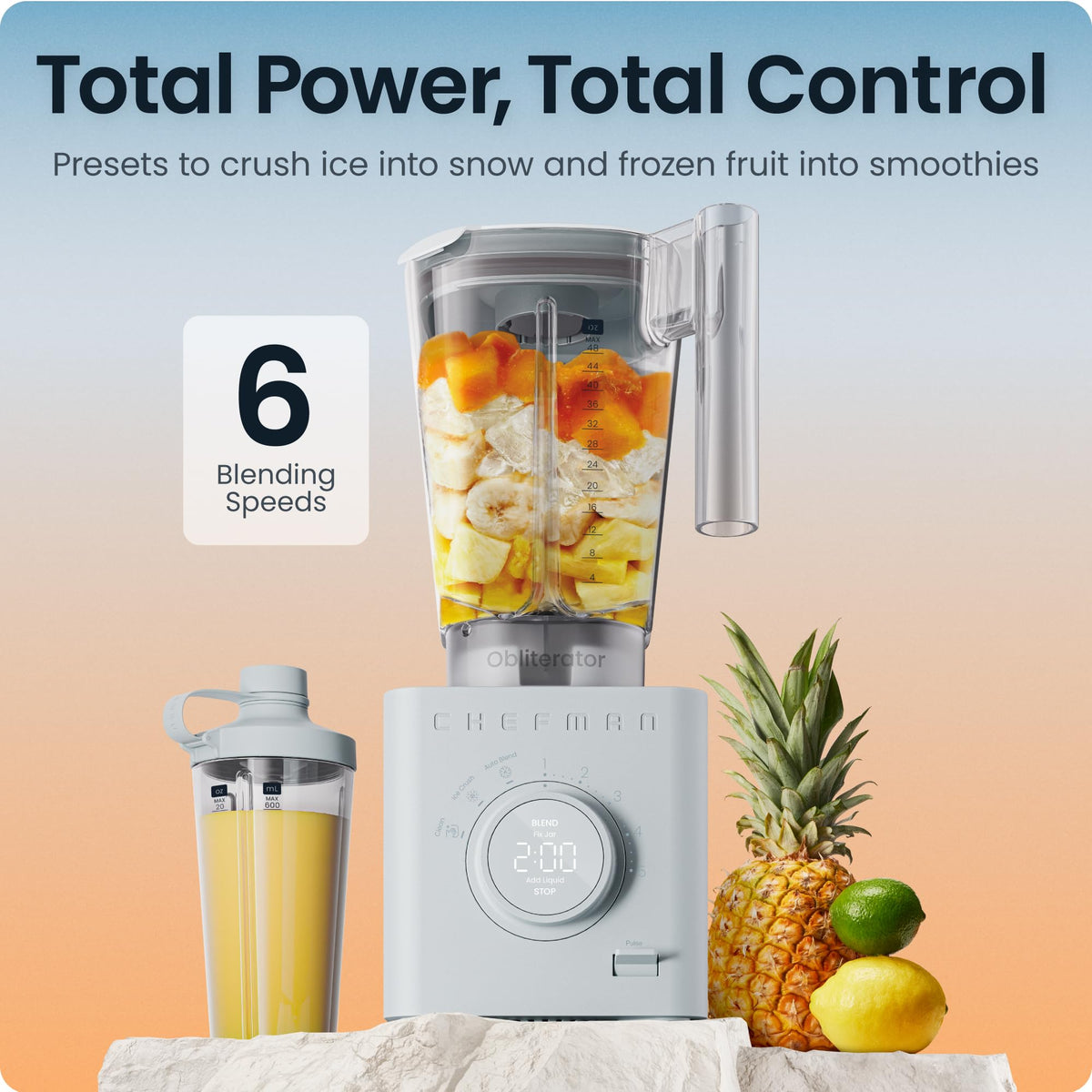 Obliterator 48 oz Countertop Blender for Smoothies (Concrete / Power Blender + 1 Travel Jar)