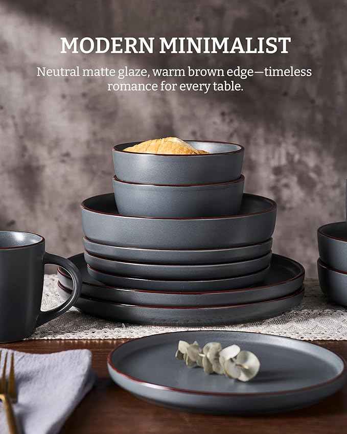 Famiware Mercury Dinnerware Sets with Pasta Bowls, Service for 6 (24 Pieces), Stoneware Plates and Bowls Sets, Microwave and Dishwasher Safe Dishes Set, Charcoal