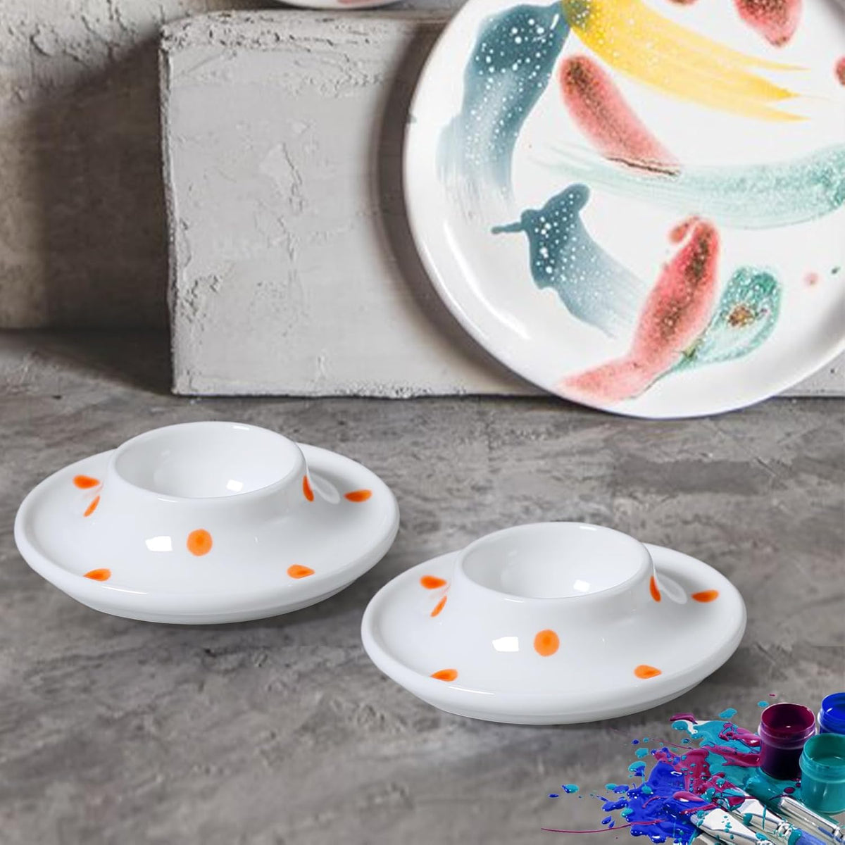 Cinf Ceramic White Egg Holder Set of 2 Porcelain Holder Breakfast Boiled Cooking Easy to Clean Childhood Memories Kitchen（Orange Dot)