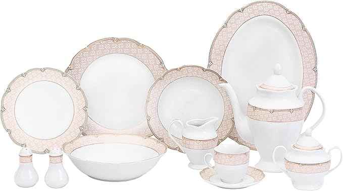 Dinnerware Set for 8-49 Piece Vintage Porcelain Dining Set - Gorgeous White and Pink Floral Design - Plates, Bowls, Cups and Saucers - For Everyday Dishes and Formal Occasions (Sandra Pink 2049)