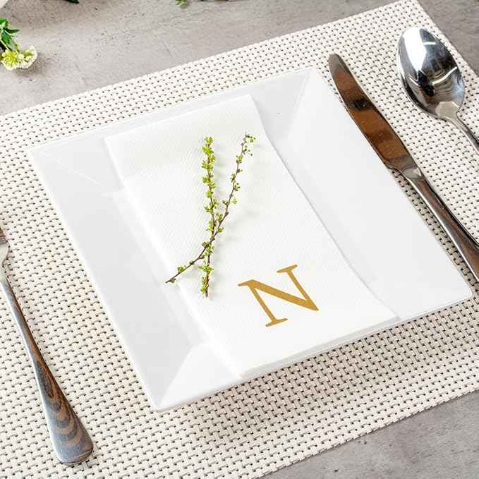 Luxenap 15.8 X 7.9 Inch Linen-Feel Guest Towels, 2000 Lettered Hand Towels - Gold Letter 'N', Sans Serif Font, White Paper Dinner Napkins, airlaid, For Restrooms And Tables