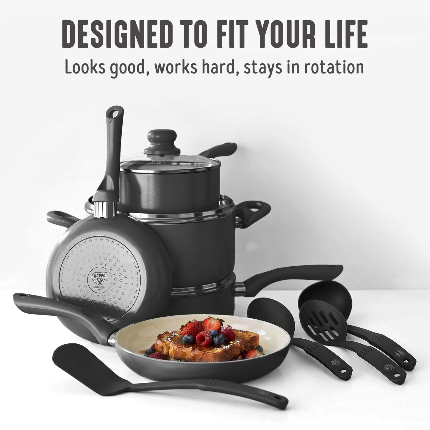 16pc Ceramic Nonstick Pots & Pans Cookware Set (16 Piece Cookware Set / Bloom / Graphite Black)