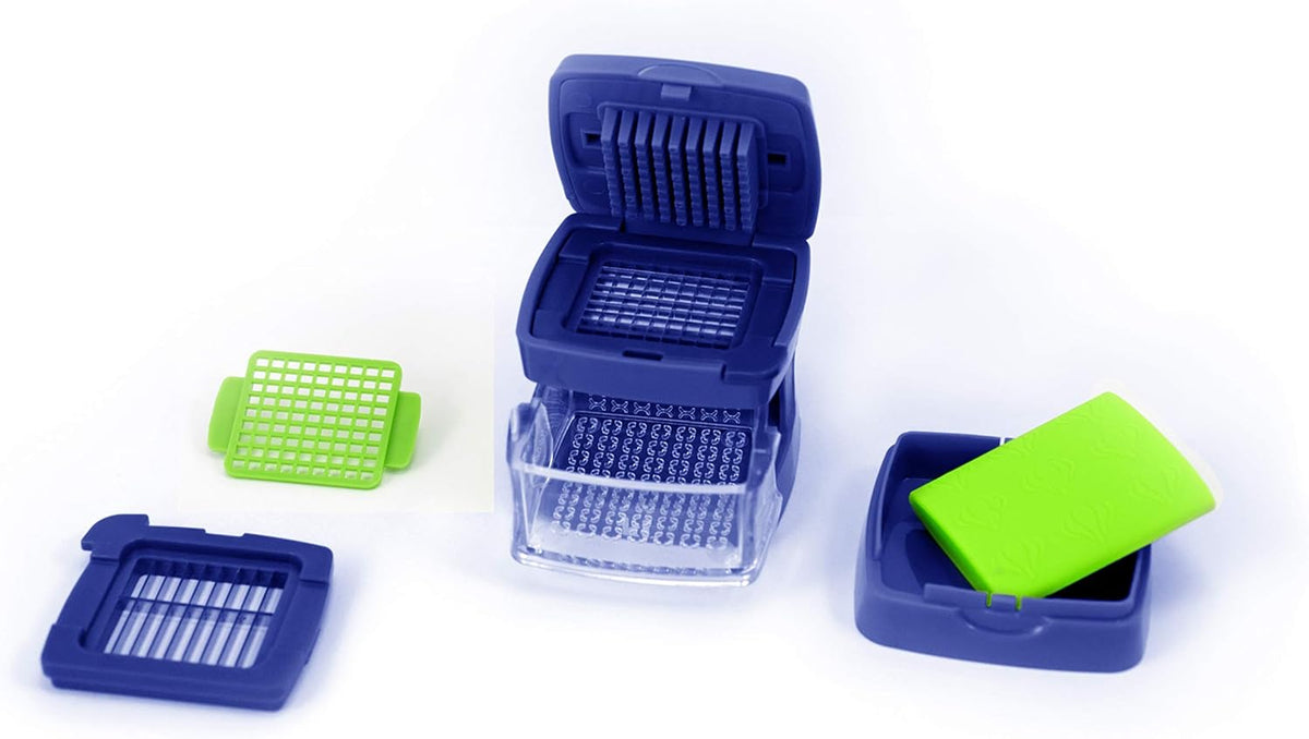Garlic-A-Peel Garlic Press, Crusher, Cutter, Mincer, and Storage Container - Includes Silicone Garlic Peeler - Easy to Clean - Stainless Steel Blades – (Blue), standard - HomeSpice