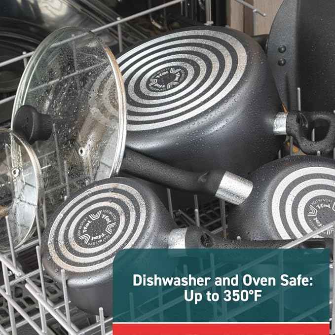 T-fal Initiatives Nonstick Cookware Set 6 Piece Oven Safe 350F Cookware, Pots and Pans, Oven, Broil, Dishwasher Safe Gray
