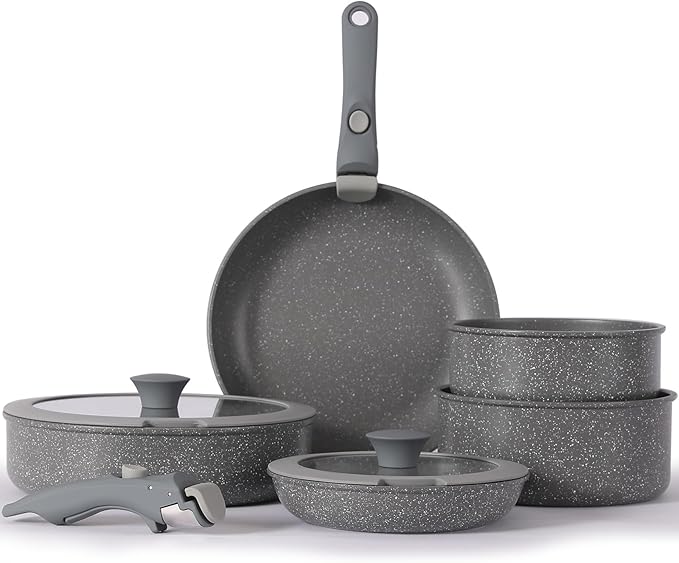 Vkoocy Non Stick Pot and Pan Set with Removable Handle, Ceramic Cookware Set Detachable Handle, Induction Kitchen Camping Stackable Pots Pans, Dishwasher/Oven Safe, Grey
