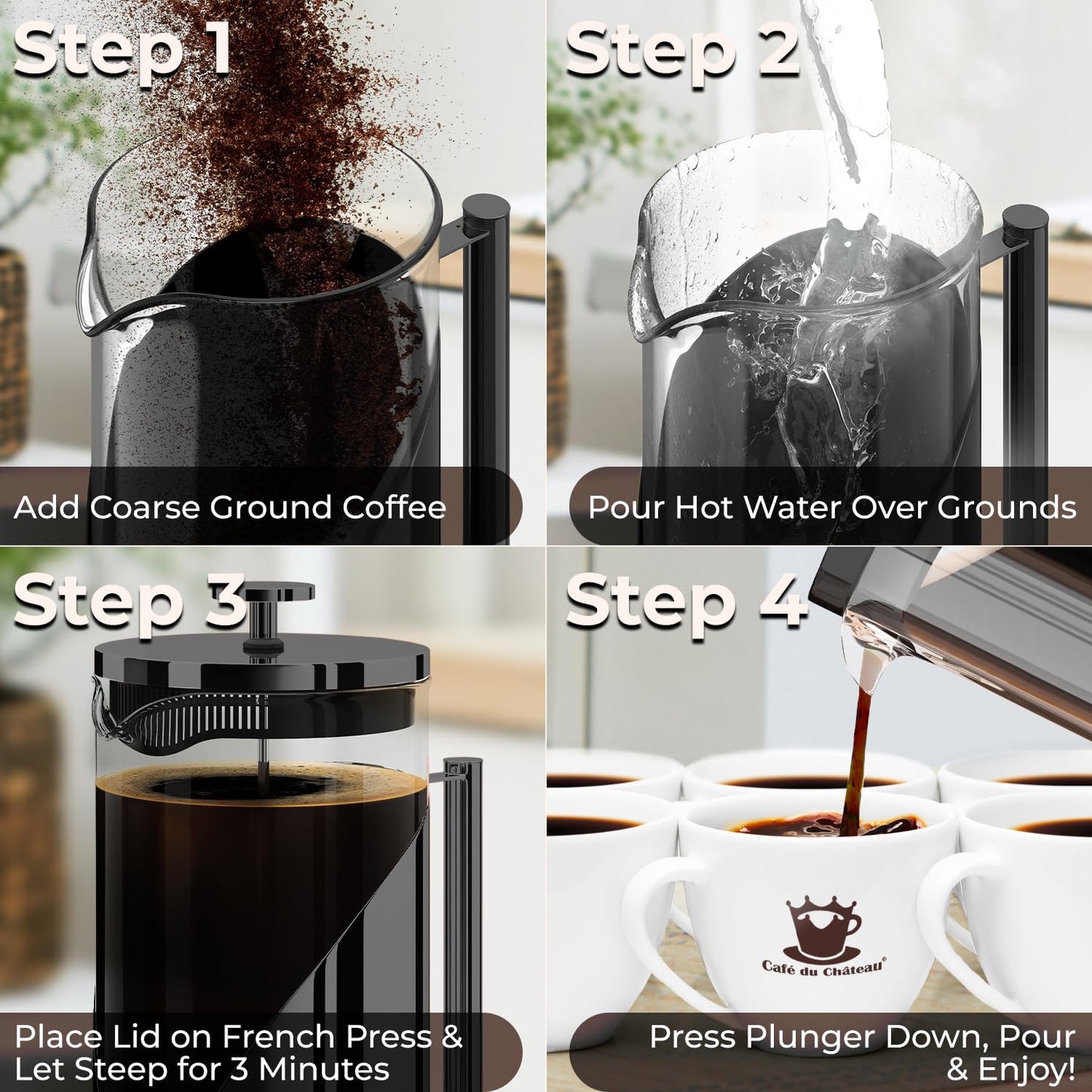 Cafe Du Chateau Stainless Steel French Press Coffee Maker - 34oz Insulated Coffee Press with 4-Level Filtration, BPA Free, Durable Glass, Great for Tea