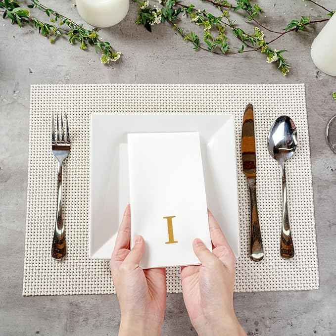Luxenap 15.8 X 7.9 Inch Linen-Feel Guest Towels, 2000 Lettered Hand Towels - Gold Letter 'I', Sans Serif Font, White Paper Dinner Napkins, airlaid, For Restrooms And Tables